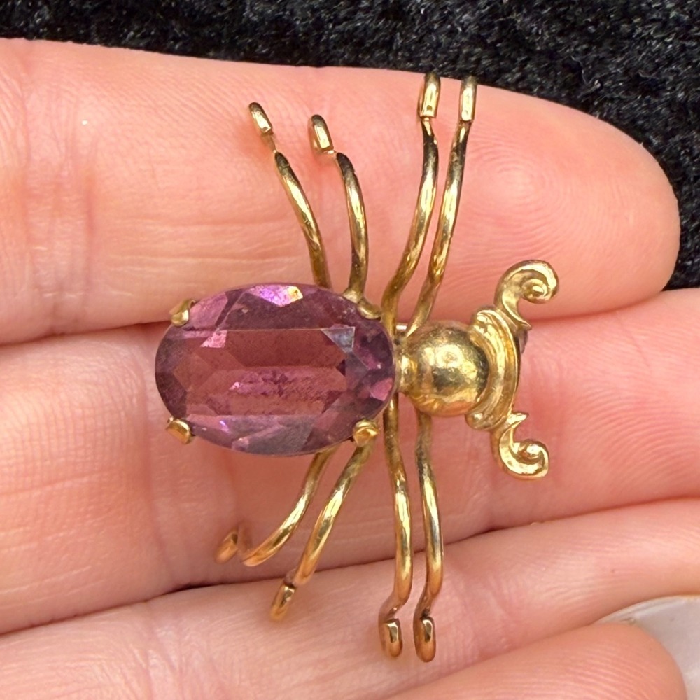Vintage VanDell‎ Gold Filled Spider Brooch Pink Rhinestone Signed